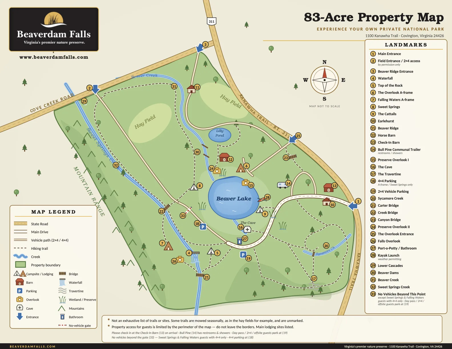 Map of the 83-acre Beaverdam Falls property: entrances, parking, the waterfall, trails, creeks and every cabin and campsite.